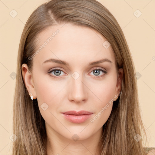 Neutral white young-adult female with long  brown hair and brown eyes