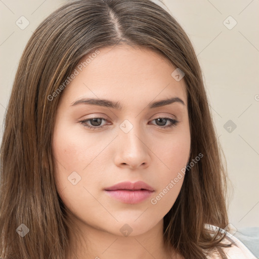 Neutral white young-adult female with long  brown hair and brown eyes