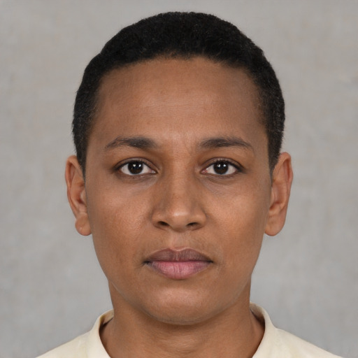 Neutral latino young-adult female with short  black hair and brown eyes