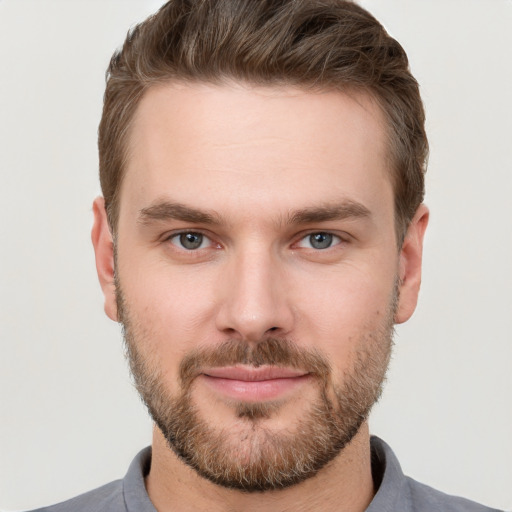 Neutral white young-adult male with short  brown hair and grey eyes