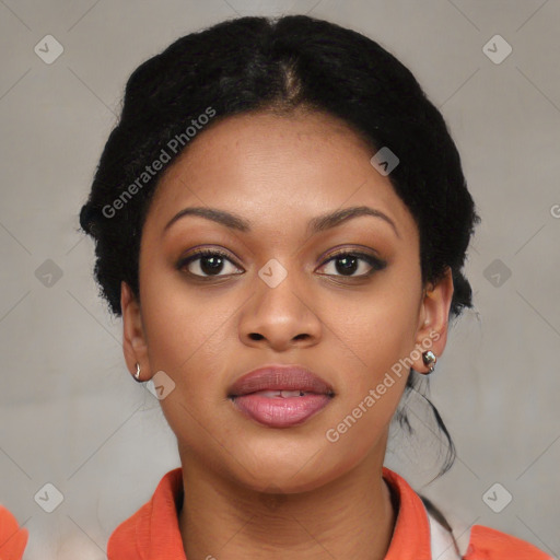 Joyful black young-adult female with medium  black hair and brown eyes