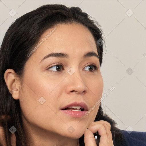 Neutral white young-adult female with medium  brown hair and brown eyes