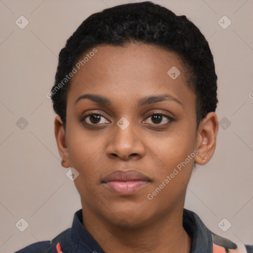 Neutral black young-adult female with short  black hair and brown eyes
