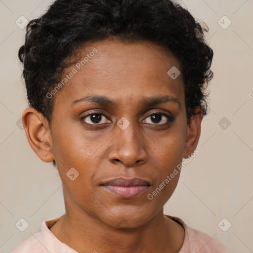 Neutral black young-adult female with short  brown hair and brown eyes