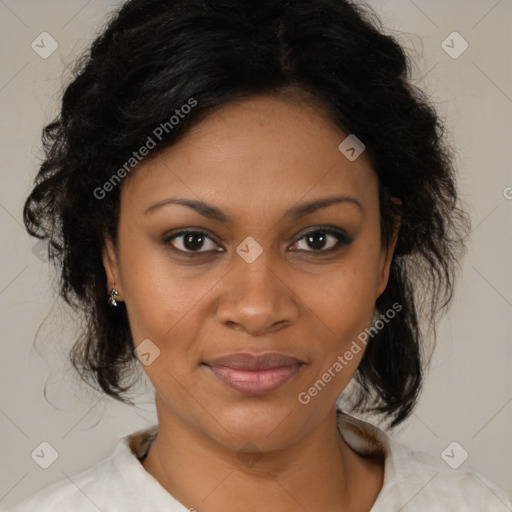 Joyful black young-adult female with medium  brown hair and brown eyes