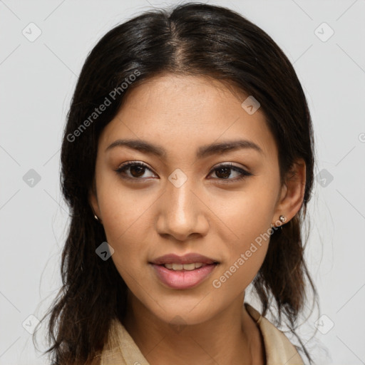 Joyful latino young-adult female with medium  brown hair and brown eyes