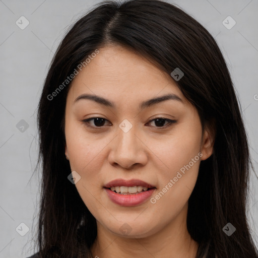 Joyful latino young-adult female with long  brown hair and brown eyes