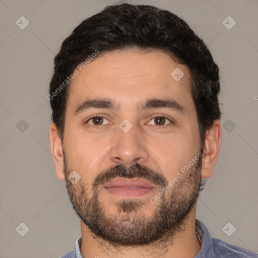 Neutral white young-adult male with short  black hair and brown eyes