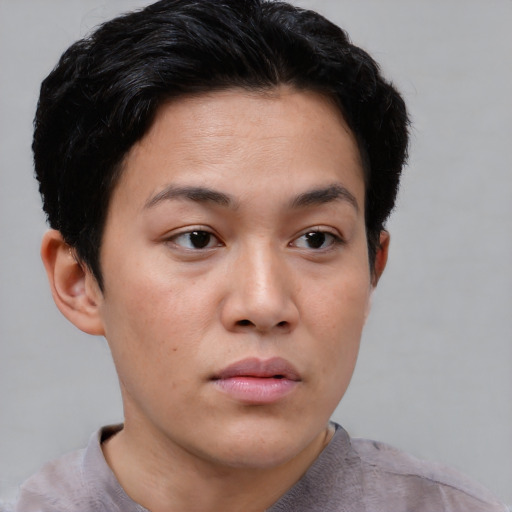 Neutral asian young-adult female with short  brown hair and brown eyes