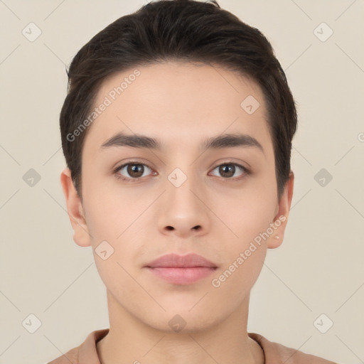 Neutral white young-adult male with short  brown hair and brown eyes