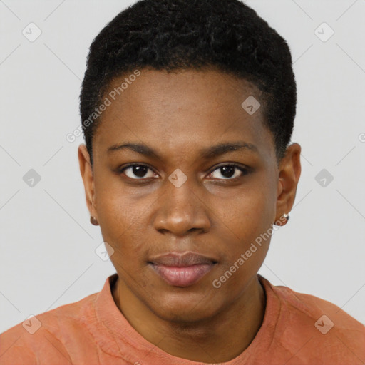 Neutral black young-adult female with short  black hair and brown eyes