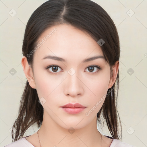 Neutral white young-adult female with medium  brown hair and brown eyes