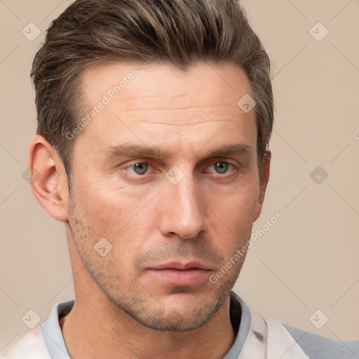 Neutral white adult male with short  brown hair and brown eyes