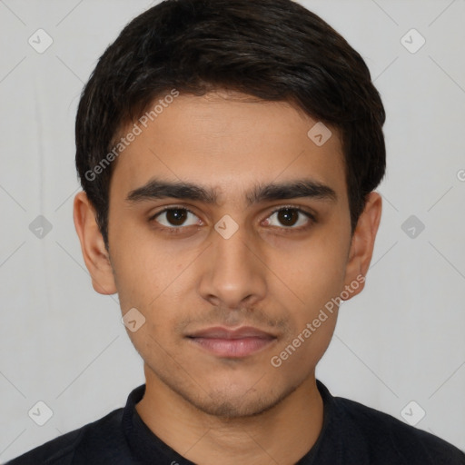 Neutral latino young-adult male with short  black hair and brown eyes