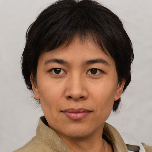 Neutral asian young-adult female with medium  brown hair and brown eyes