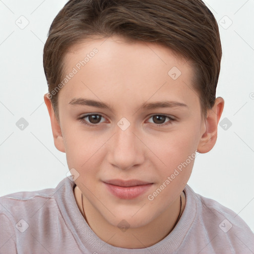 Joyful white child female with short  brown hair and brown eyes