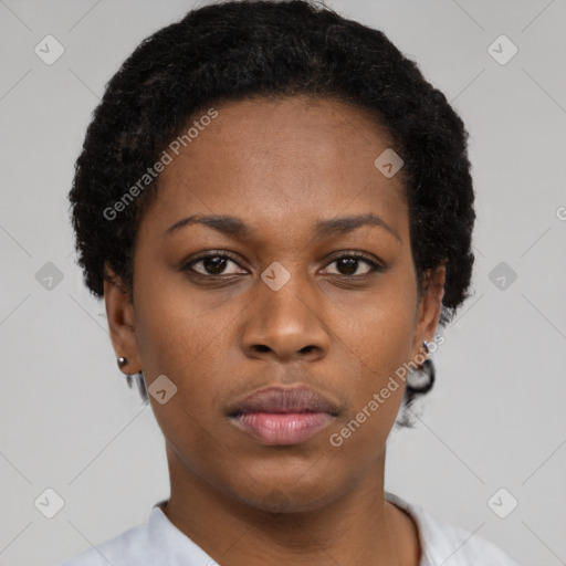 Neutral black young-adult female with short  black hair and brown eyes