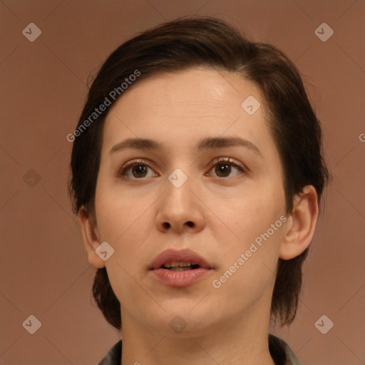 Neutral white young-adult female with medium  brown hair and brown eyes