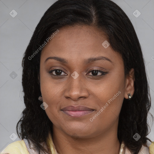 Joyful black young-adult female with medium  brown hair and brown eyes