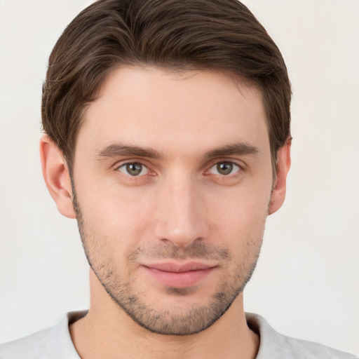 Neutral white young-adult male with short  brown hair and brown eyes