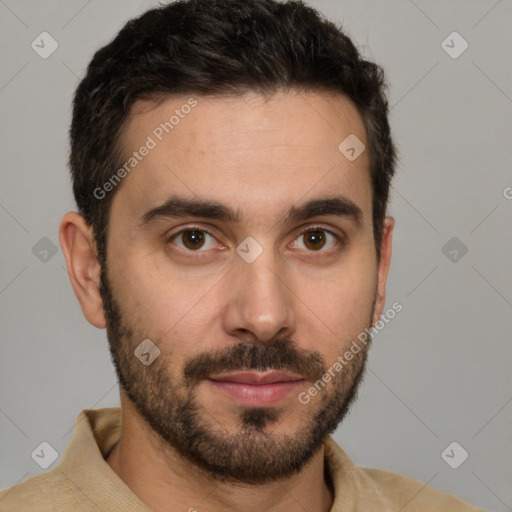 Neutral white young-adult male with short  brown hair and brown eyes