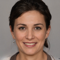 Joyful white adult female with medium  brown hair and brown eyes