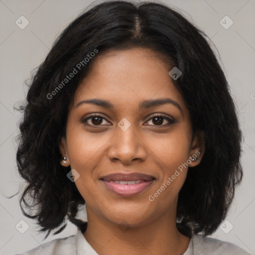 Joyful black young-adult female with medium  black hair and brown eyes