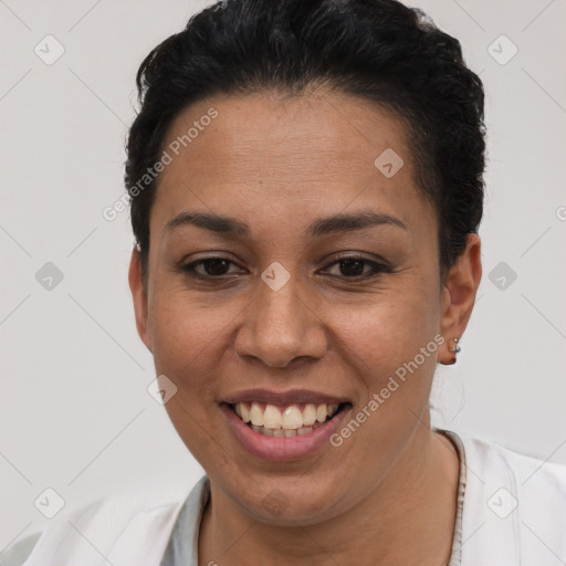 Joyful white young-adult female with short  brown hair and brown eyes