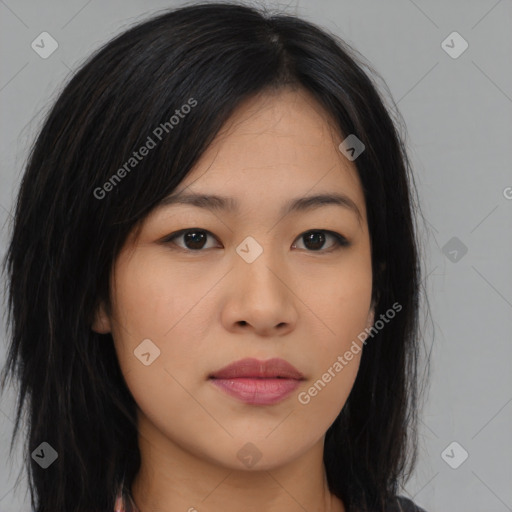 Neutral asian young-adult female with long  brown hair and brown eyes