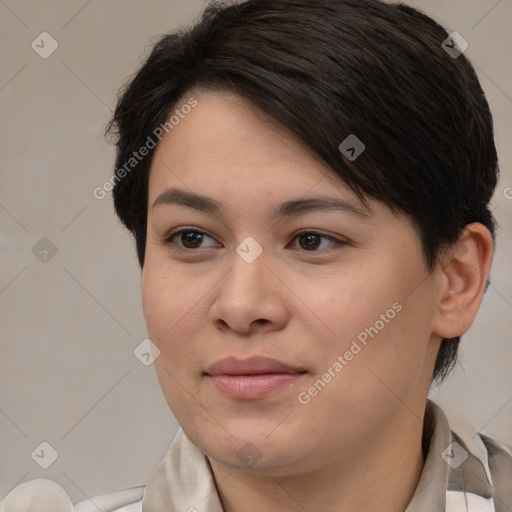 Joyful white young-adult female with medium  brown hair and brown eyes