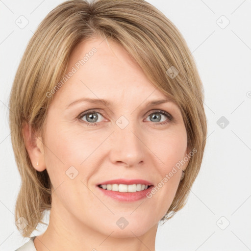 Joyful white young-adult female with medium  brown hair and green eyes