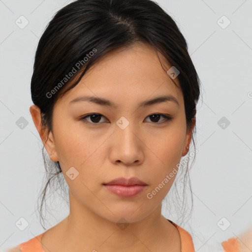 Neutral asian young-adult female with medium  brown hair and brown eyes