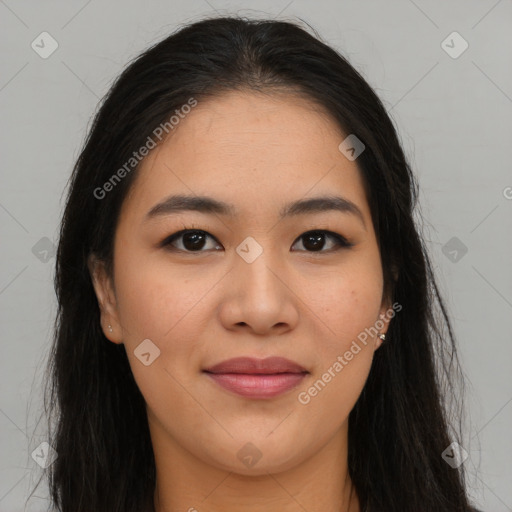 Joyful asian young-adult female with long  brown hair and brown eyes