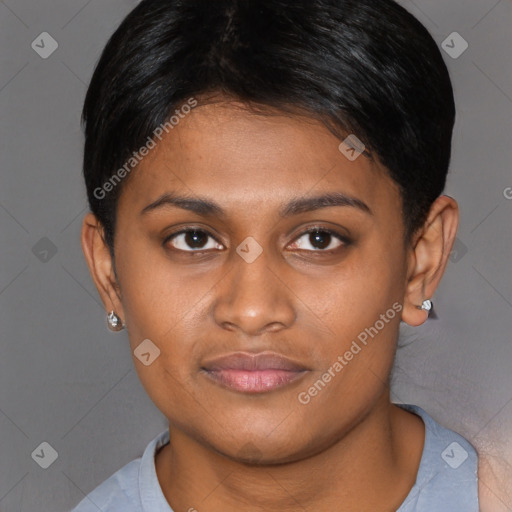 Joyful asian young-adult female with short  brown hair and brown eyes