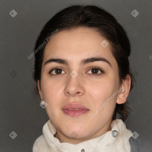 Neutral white young-adult female with medium  brown hair and brown eyes