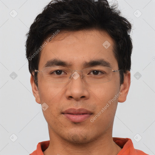 Neutral asian young-adult male with short  brown hair and brown eyes