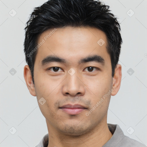 Neutral asian young-adult male with short  black hair and brown eyes