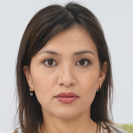 Neutral asian young-adult female with long  brown hair and brown eyes
