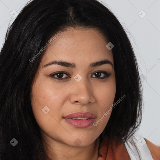 Joyful latino young-adult female with long  brown hair and brown eyes