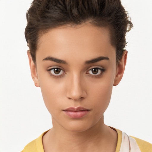 Neutral white young-adult female with short  brown hair and brown eyes