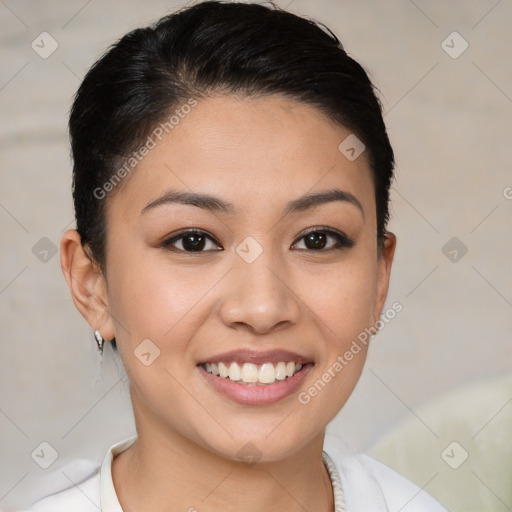 Joyful white young-adult female with short  brown hair and brown eyes