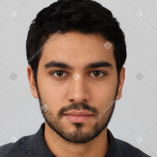 Neutral latino young-adult male with short  black hair and brown eyes