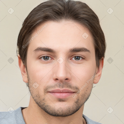 Neutral white young-adult male with short  brown hair and brown eyes