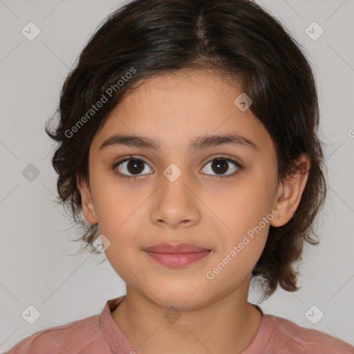 Joyful white child female with medium  brown hair and brown eyes