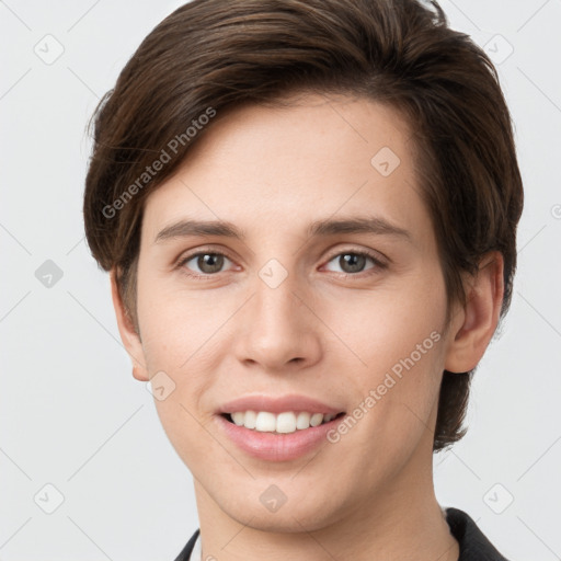 Joyful white young-adult female with short  brown hair and grey eyes