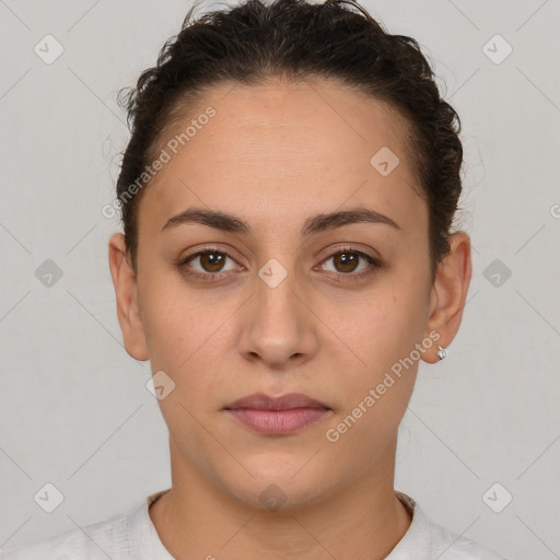 Neutral white young-adult female with short  brown hair and brown eyes