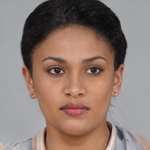 Neutral latino young-adult female with short  brown hair and brown eyes