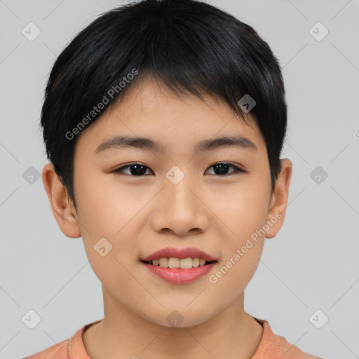 Joyful asian young-adult female with short  brown hair and brown eyes