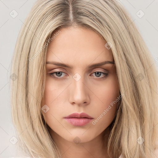 Neutral white young-adult female with long  brown hair and brown eyes