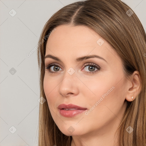 Neutral white young-adult female with long  brown hair and brown eyes